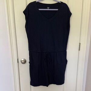 Navy Blue V-Neck Dress with Drawstring Waist